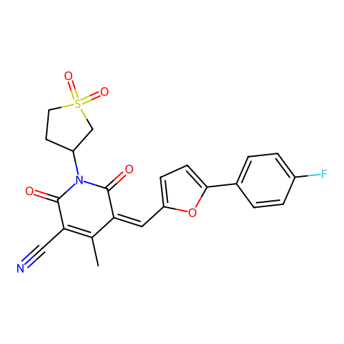 1-(1,1-dioxothiolan-3-yl)-5-[[5-(4-fluorophenyl)furan-2-yl]methylidene]-4-methyl-2,6-dioxopyridine-3-carbonitrile structure