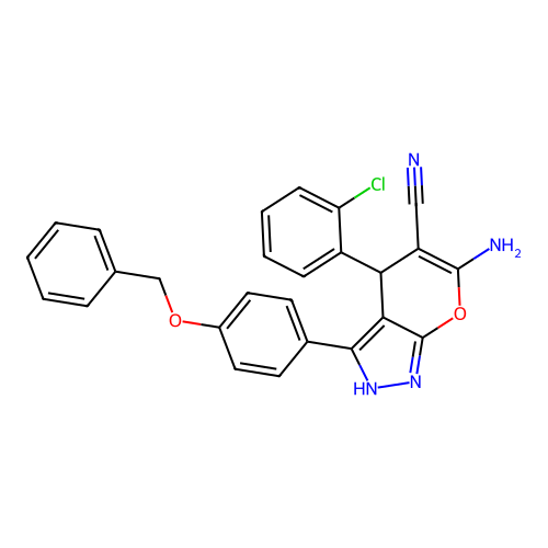 6-amino-3-(4-(benzyloxy)phenyl)-4-(2-chlorophenyl)-1,4-dihydropyrano[2,3-c]pyrazole-5-carbonitrile structure