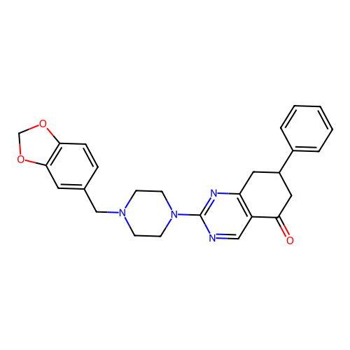 2-[4-(1,3-benzodioxol-5-ylmethyl)piperazin-1-yl]-7-phenyl-7,8-dihydroquinazolin-5(6H)-one structure