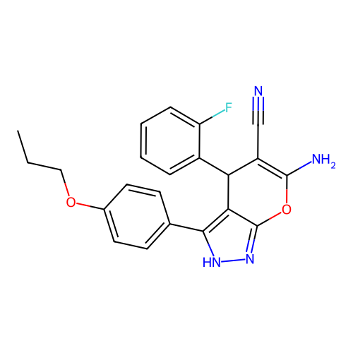 6-amino-4-(2-fluorophenyl)-3-(4-propoxyphenyl)-2,4-dihydropyrano[2,3-c]pyrazole-5-carbonitrile structure