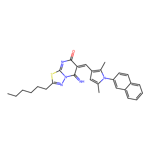 (6E)-6-[(2,5-dimethyl-1-naphthalen-2-ylpyrrol-3-yl)methylidene]-2-hexyl-5-imino-[1,3,4]thiadiazolo[3,2-a]pyrimidin-7-one structure