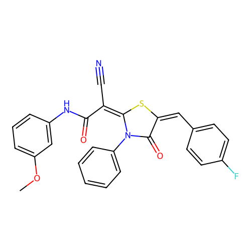 (2E)-2-cyano-2-[(5E)-5-(4-fluorobenzylidene)-4-oxo-3-phenyl-1,3-thiazolidin-2-ylidene]-N-(3-methoxyphenyl)ethanamide structure