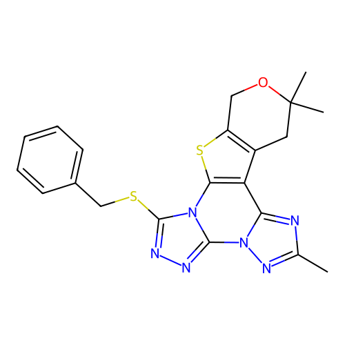 7-(benzylsulfanyl)-2,12,12-trimethyl-12,13-dihydro-10H-pyrano[4',3':4,5]thieno[3,2-e]bis[1,2,4]triazolo[4,3-a:1',5'-c]pyrimidine structure