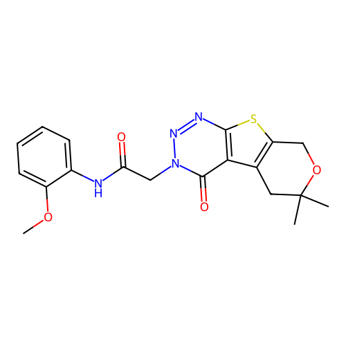 2-(6,6-dimethyl-4-oxo-4,5,6,8-tetrahydro-3H-pyrano[4',3':4,5]thieno[2,3-d][1,2,3]triazin-3-yl)-N-(2-methoxyphenyl)acetamide structure