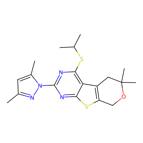 2-(3,5-dimethyl-1H-pyrazol-1-yl)-4-(isopropylthio)-6,6-dimethyl-6,8-dihydro-5H-pyrano[4',3':4,5]thieno[2,3-d]pyrimidine structure