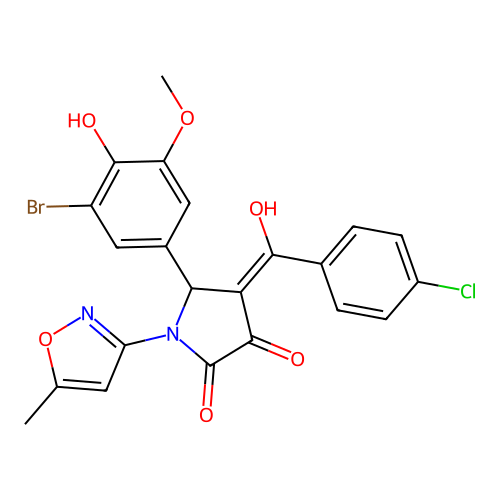 (4E)-5-(3-bromo-4-hydroxy-5-methoxyphenyl)-4-[(4-chlorophenyl)(hydroxy)methylidene]-1-(5-methyl-1,2-oxazol-3-yl)pyrrolidine-2,3-dione structure