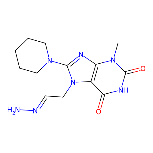 (E)-7-(2-hydrazonoethyl)-3-methyl-8-(piperidin-1-yl)-1H-purine-2,6(3H,7H)-dione structure