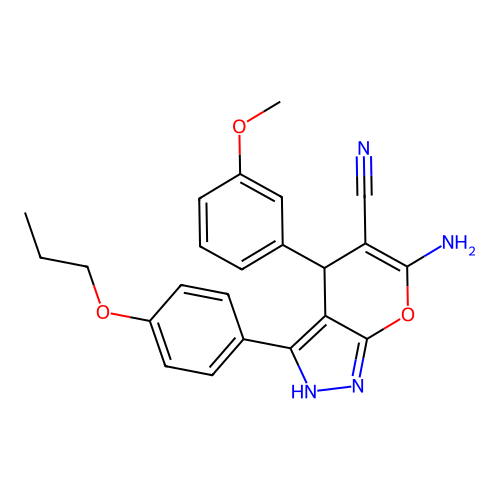 6-amino-4-(3-methoxyphenyl)-3-(4-propoxyphenyl)-2,4-dihydropyrano[2,3-c]pyrazole-5-carbonitrile structure