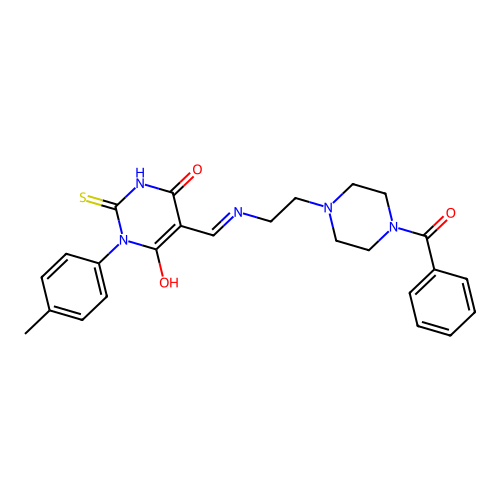 (5Z)-5-[[2-(4-benzoylpiperazin-1-yl)ethylamino]methylidene]-1-(4-methylphenyl)-2-sulfanylidene-1,3-diazinane-4,6-dione structure