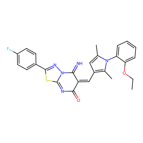 (E)-6-((1-(2-ethoxyphenyl)-2,5-dimethyl-1H-pyrrol-3-yl)methylene)-2-(4-fluorophenyl)-5-imino-5H-[1,3,4]thiadiazolo[3,2-a]pyrimidin-7(6H)-one structure
