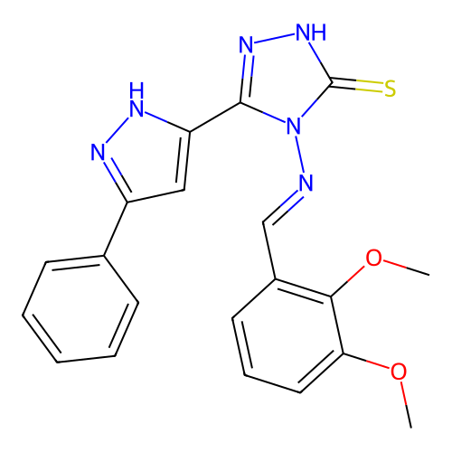 (E)-4-((2,3-dimethoxybenzylidene)amino)-5-(3-phenyl-1H-pyrazol-5-yl)-4H-1,2,4-triazole-3-thiol structure