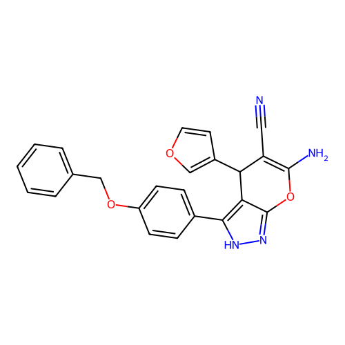6-amino-3-(4-(benzyloxy)phenyl)-4-(furan-3-yl)-1,4-dihydropyrano[2,3-c]pyrazole-5-carbonitrile structure