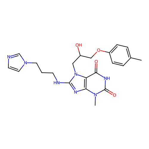 8-((3-(1H-imidazol-1-yl)propyl)amino)-7-(2-hydroxy-3-(p-tolyloxy)propyl)-3-methyl-1H-purine-2,6(3H,7H)-dione structure