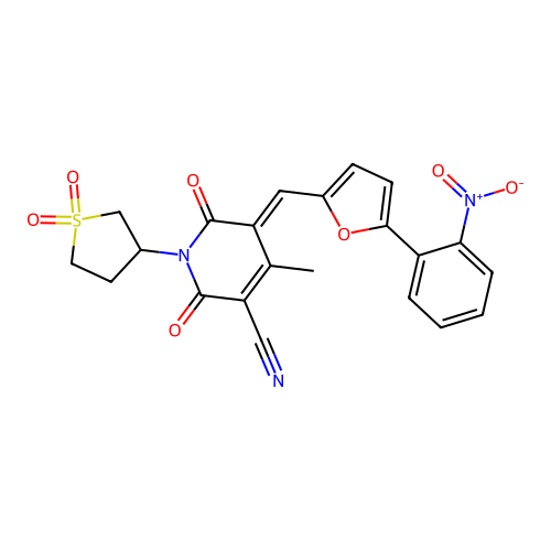 (5E)-1-(1,1-dioxidotetrahydrothiophen-3-yl)-4-methyl-5-{[5-(2-nitrophenyl)furan-2-yl]methylidene}-2,6-dioxo-1,2,5,6-tetrahydropyridine-3-carbonitrile structure