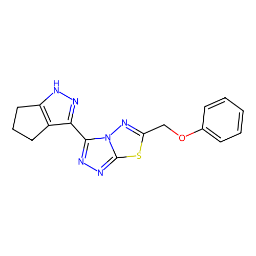 6-(phenoxymethyl)-3-(1,4,5,6-tetrahydrocyclopenta[c]pyrazol-3-yl)-[1,2,4]triazolo[3,4-b][1,3,4]thiadiazole structure