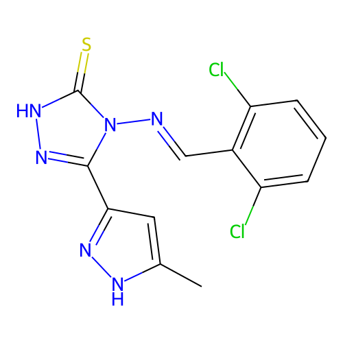 (E)-4-((2,6-dichlorobenzylidene)amino)-5-(3-methyl-1H-pyrazol-5-yl)-4H-1,2,4-triazole-3-thiol structure
