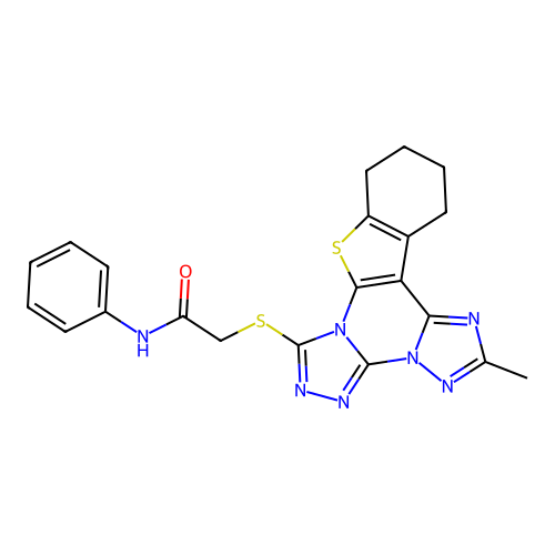 2-((2-methyl-10,11,12,13-tetrahydrobenzo[4,5]thieno[3,2-e]bis([1,2,4]triazolo)[4,3-a:1',5'-c]pyrimidin-7-yl)thio)-N-phenylacetamide structure