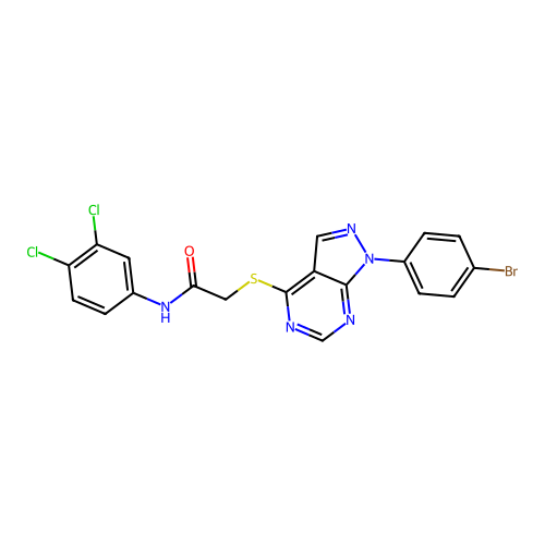 2-[1-(4-bromophenyl)pyrazolo[3,4-d]pyrimidin-4-yl]sulfanyl-N-(3,4-dichlorophenyl)acetamide structure