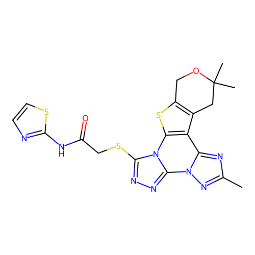 N-(1,3-thiazol-2-yl)-2-[(2,12,12-trimethyl-12,13-dihydro-10H-pyrano[4',3':4,5]thieno[3,2-e]bis[1,2,4]triazolo[4,3-a:1',5'-c]pyrimidin-7-yl)sulfanyl]acetamide structure