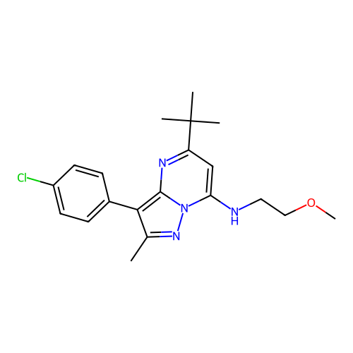 5-tert-butyl-3-(4-chlorophenyl)-N-(2-methoxyethyl)-2-methylpyrazolo[1,5-a]pyrimidin-7-amine structure