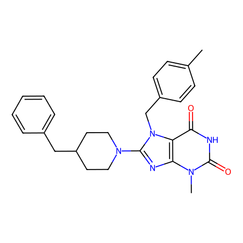 8-(4-benzylpiperidin-1-yl)-3-methyl-7-(4-methylbenzyl)-1H-purine-2,6(3H,7H)-dione structure