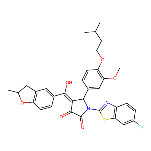 (4E)-1-(6-fluoro-1,3-benzothiazol-2-yl)-4-[hydroxy(2-methyl-2,3-dihydro-1-benzofuran-5-yl)methylidene]-5-[3-methoxy-4-(3-methylbutoxy)phenyl]pyrrolidine-2,3-dione structure