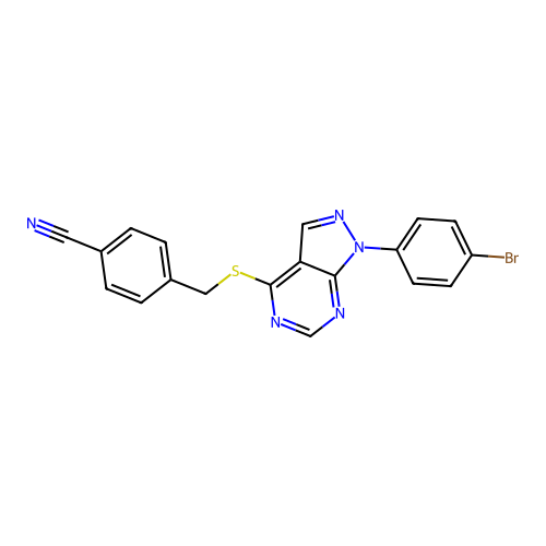 4-(((1-(4-bromophenyl)-1H-pyrazolo[3,4-d]pyrimidin-4-yl)thio)methyl)benzonitrile structure