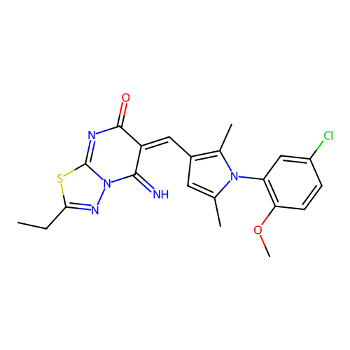 (6E)-6-[[1-(5-chloro-2-methoxyphenyl)-2,5-dimethylpyrrol-3-yl]methylidene]-2-ethyl-5-imino-[1,3,4]thiadiazolo[3,2-a]pyrimidin-7-one structure