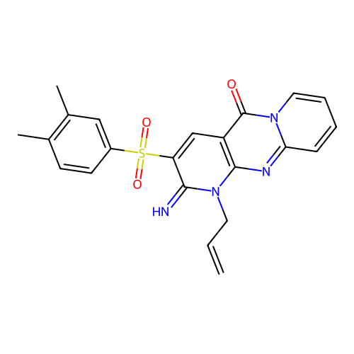 3-(3,4-dimethylphenyl)sulfonyl-2-imino-1-prop-2-enyl-5-dipyrido[1,2-e:4',3'-f]pyrimidinone structure