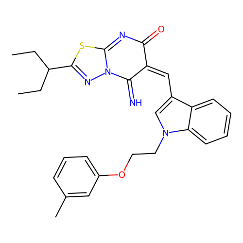 (E)-5-imino-2-(pentan-3-yl)-6-((1-(2-(m-tolyloxy)ethyl)-1H-indol-3-yl)methylene)-5H-[1,3,4]thiadiazolo[3,2-a]pyrimidin-7(6H)-one structure