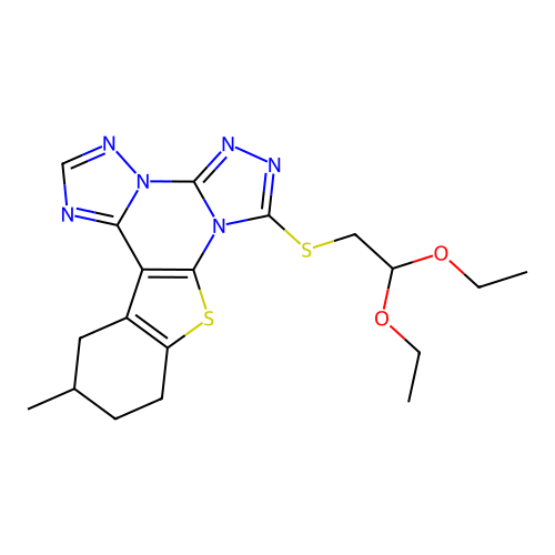 7-((2,2-diethoxyethyl)thio)-12-methyl-10,11,12,13-tetrahydrobenzo[4,5]thieno[3,2-e]bis([1,2,4]triazolo)[4,3-a:1',5'-c]pyrimidine structure