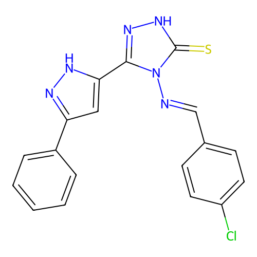 4-{[1-(4-Chloro-phenyl)-meth-(E)-ylidene]-amino}-5-(5-phenyl-2H-pyrazol-3-yl)-4H-[1,2,4]triazole-3-thiol structure
