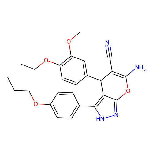 6-amino-4-(4-ethoxy-3-methoxyphenyl)-3-(4-propoxyphenyl)-2,4-dihydropyrano[2,3-c]pyrazole-5-carbonitrile structure