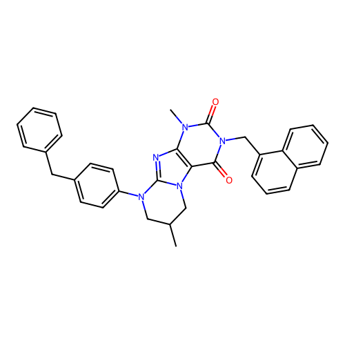 9-(4-benzylphenyl)-1,7-dimethyl-3-(naphthalen-1-ylmethyl)-6,7,8,9-tetrahydropyrimido[2,1-f]purine-2,4(1H,3H)-dione structure