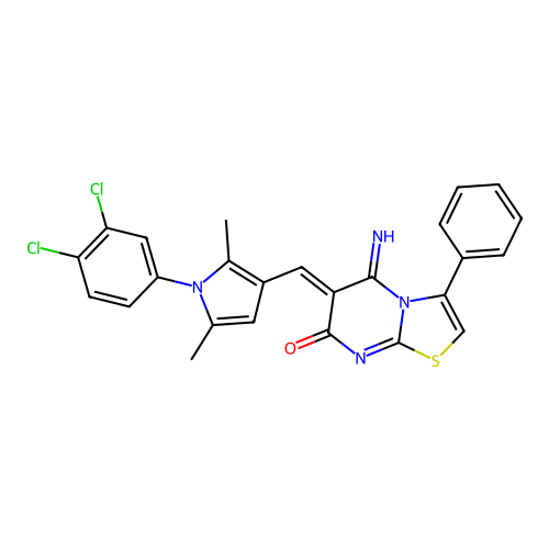 (6Z)-6-[[1-(3,4-dichlorophenyl)-2,5-dimethylpyrrol-3-yl]methylidene]-5-imino-3-phenyl-[1,3]thiazolo[3,2-a]pyrimidin-7-one structure