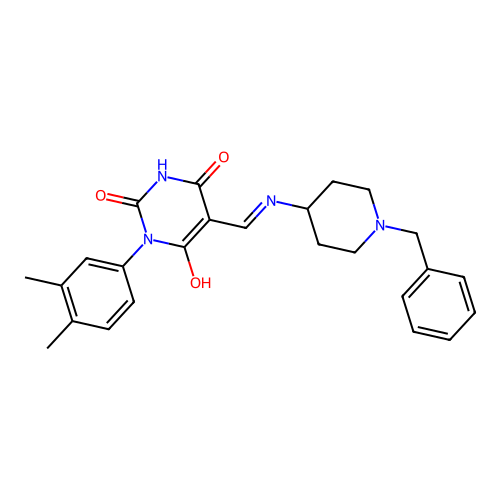 (5E)-5-[[(1-benzylpiperidin-4-yl)amino]methylidene]-1-(3,4-dimethylphenyl)-1,3-diazinane-2,4,6-trione structure