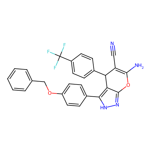 6-amino-3-(4-(benzyloxy)phenyl)-4-(4-(trifluoromethyl)phenyl)-1,4-dihydropyrano[2,3-c]pyrazole-5-carbonitrile structure