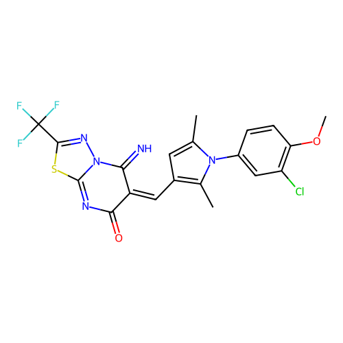 (E)-6-((1-(3-chloro-4-methoxyphenyl)-2,5-dimethyl-1H-pyrrol-3-yl)methylene)-5-imino-2-(trifluoromethyl)-5H-[1,3,4]thiadiazolo[3,2-a]pyrimidin-7(6H)-one structure