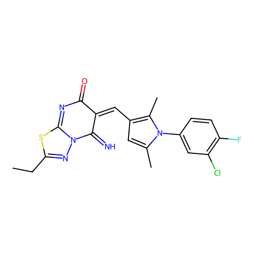 (6E)-6-[[1-(3-chloro-4-fluorophenyl)-2,5-dimethylpyrrol-3-yl]methylidene]-2-ethyl-5-imino-[1,3,4]thiadiazolo[3,2-a]pyrimidin-7-one structure