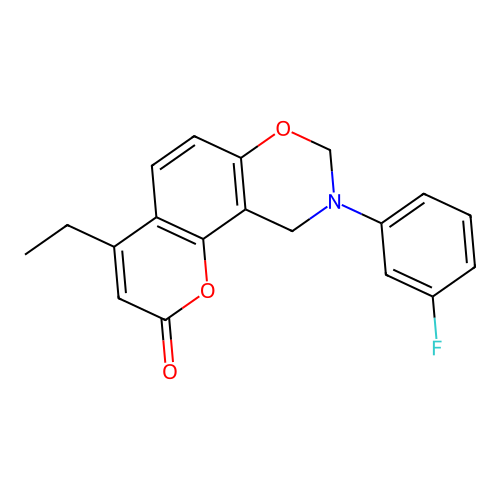 4-ethyl-9-(3-fluorophenyl)-9,10-dihydro-2H,8H-chromeno[8,7-e][1,3]oxazin-2-one structure