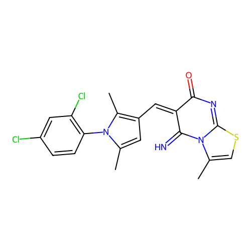 (6E)-6-[[1-(2,4-dichlorophenyl)-2,5-dimethylpyrrol-3-yl]methylidene]-5-imino-3-methyl-[1,3]thiazolo[3,2-a]pyrimidin-7-one structure