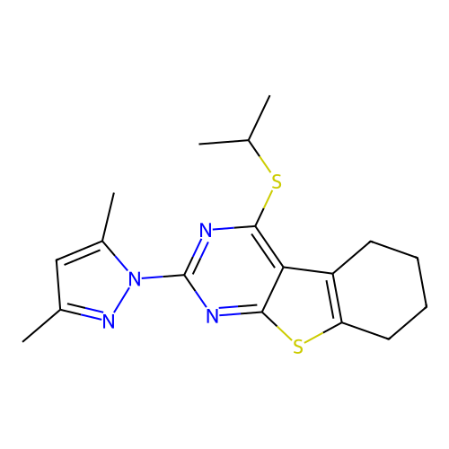 2-(3,5-dimethyl-1H-pyrazol-1-yl)-4-(isopropylthio)-5,6,7,8-tetrahydrobenzo[4,5]thieno[2,3-d]pyrimidine structure