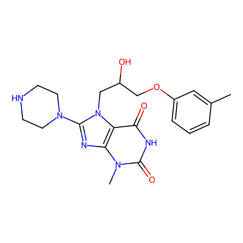 7-[2-hydroxy-3-(3-methylphenoxy)propyl]-3-methyl-8-piperazin-1-ylpurine-2,6-dione structure
