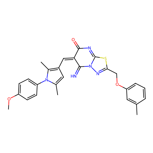 (E)-5-imino-6-((1-(4-methoxyphenyl)-2,5-dimethyl-1H-pyrrol-3-yl)methylene)-2-((m-tolyloxy)methyl)-5H-[1,3,4]thiadiazolo[3,2-a]pyrimidin-7(6H)-one structure