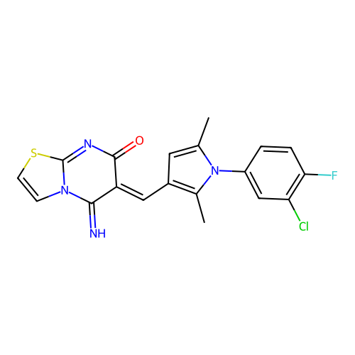 (6Z)-6-[[1-(3-chloro-4-fluorophenyl)-2,5-dimethylpyrrol-3-yl]methylidene]-5-imino-[1,3]thiazolo[3,2-a]pyrimidin-7-one structure