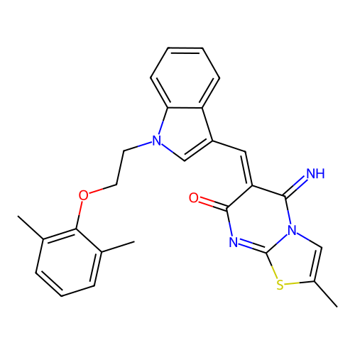 (6Z)-6-({1-[2-(2,6-dimethylphenoxy)ethyl]-1H-indol-3-yl}methylidene)-5-imino-2-methyl-5,6-dihydro-7H-[1,3]thiazolo[3,2-a]pyrimidin-7-one structure