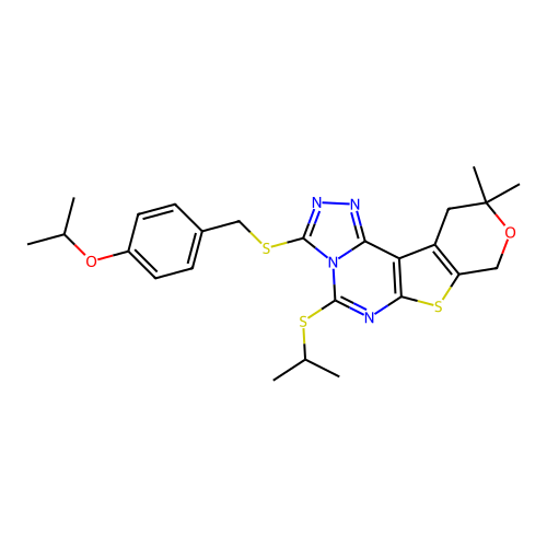 10,10-dimethyl-3-{[4-(propan-2-yloxy)benzyl]sulfanyl}-5-(propan-2-ylsulfanyl)-10,11-dihydro-8H-pyrano[4',3':4,5]thieno[3,2-e][1,2,4]triazolo[4,3-c]pyrimidine structure