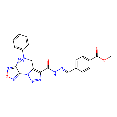 (E)-methyl 4-((2-(1-(4-amino-1,2,5-oxadiazol-3-yl)-5-((methyl(phenyl)amino)methyl)-1H-1,2,3-triazole-4-carbonyl)hydrazono)methyl)benzoate structure