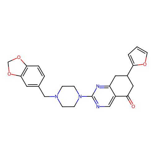 2-[4-(1,3-benzodioxol-5-ylmethyl)piperazin-1-yl]-7-(furan-2-yl)-7,8-dihydroquinazolin-5(6H)-one structure