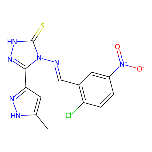 4-{[1-(2-Chloro-5-nitro-phenyl)-meth-(E)-ylidene]-amino}-5-(5-methyl-2H-pyrazol-3-yl)-4H-[1,2,4]triazole-3-thiol structure